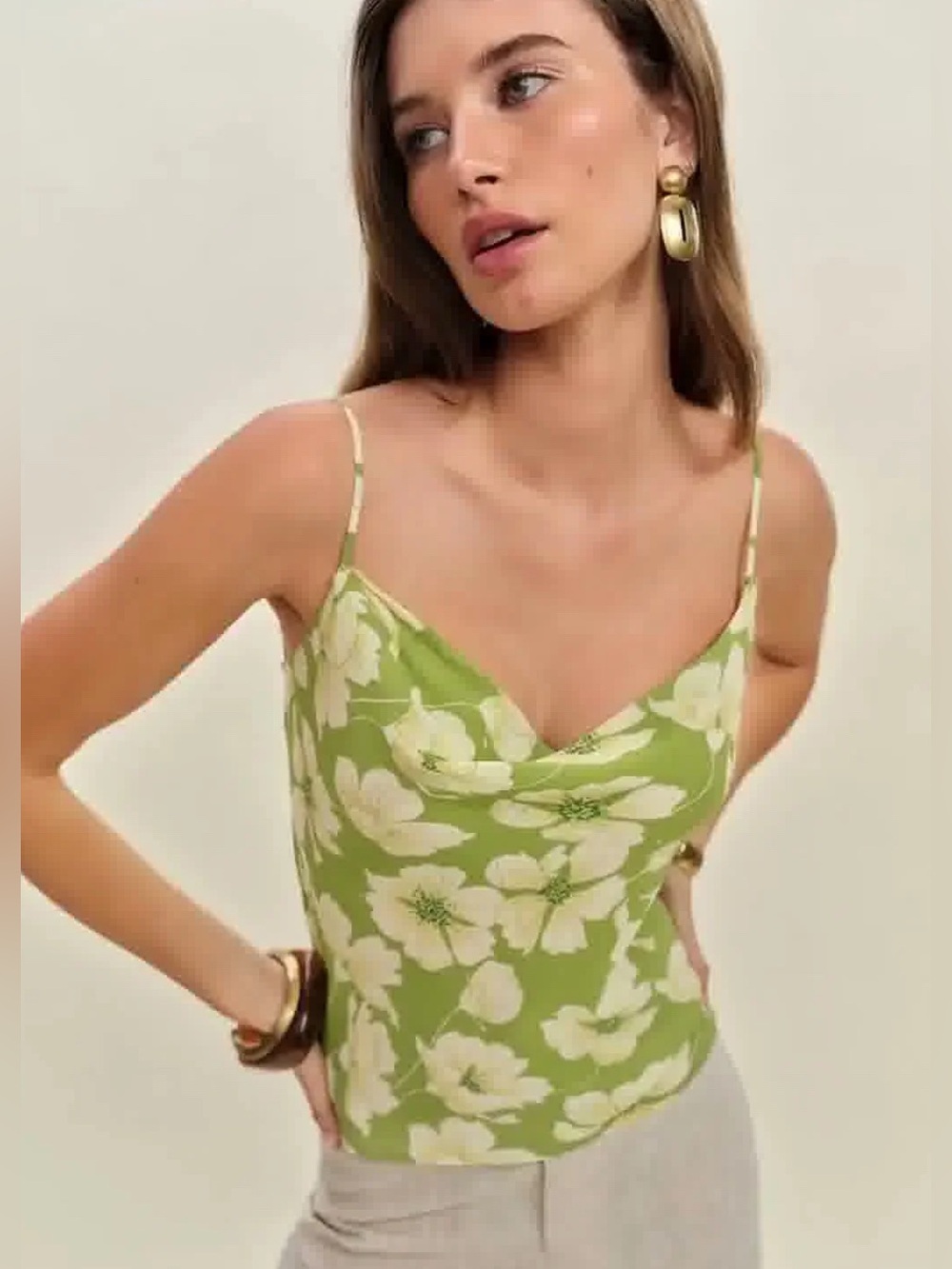 Reformation Lime Green Floral Cowl Neck Camisole